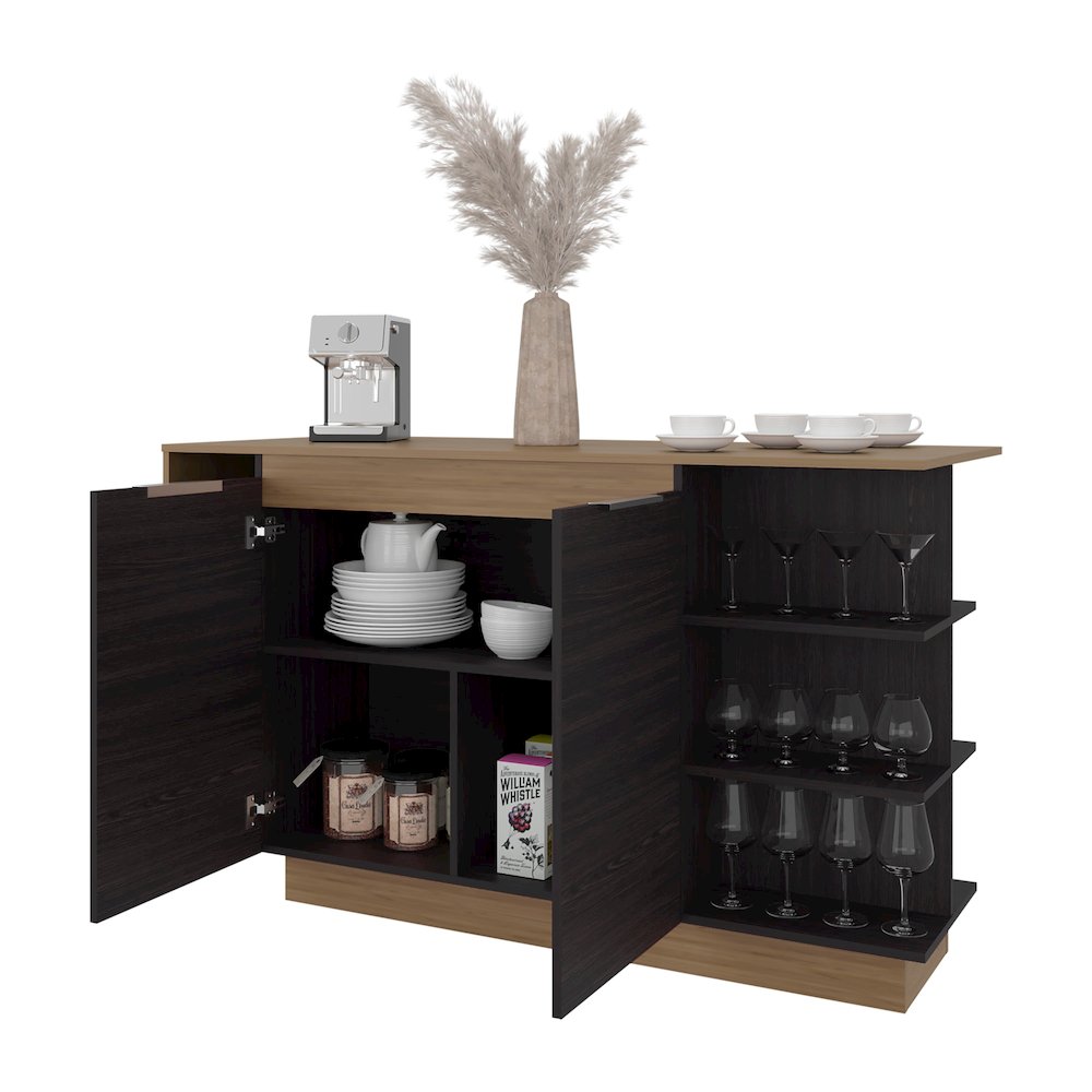 Dwight Kitchen Bar Counter with Shelves and Cabinets, Black Wengue / Natural Oak. Picture 7