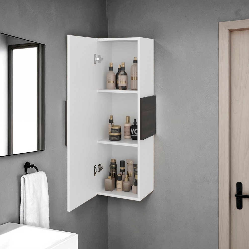 Elliott Medicine 38"H Single Door Cabinet, Three Shelves, White/Dark Walnut. Picture 2
