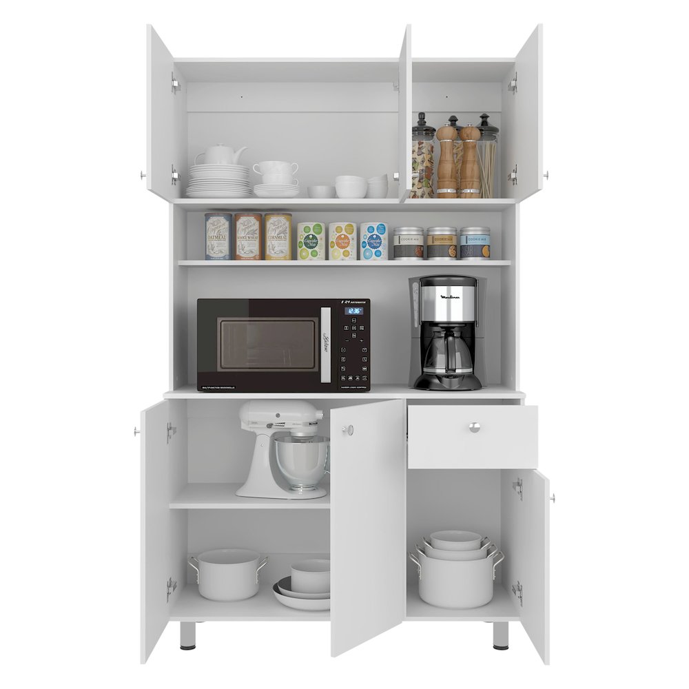 Pantry Cabinet with Ample Storage, Spacious Shelves, 6 Doors-1 Drawer, White. Picture 4
