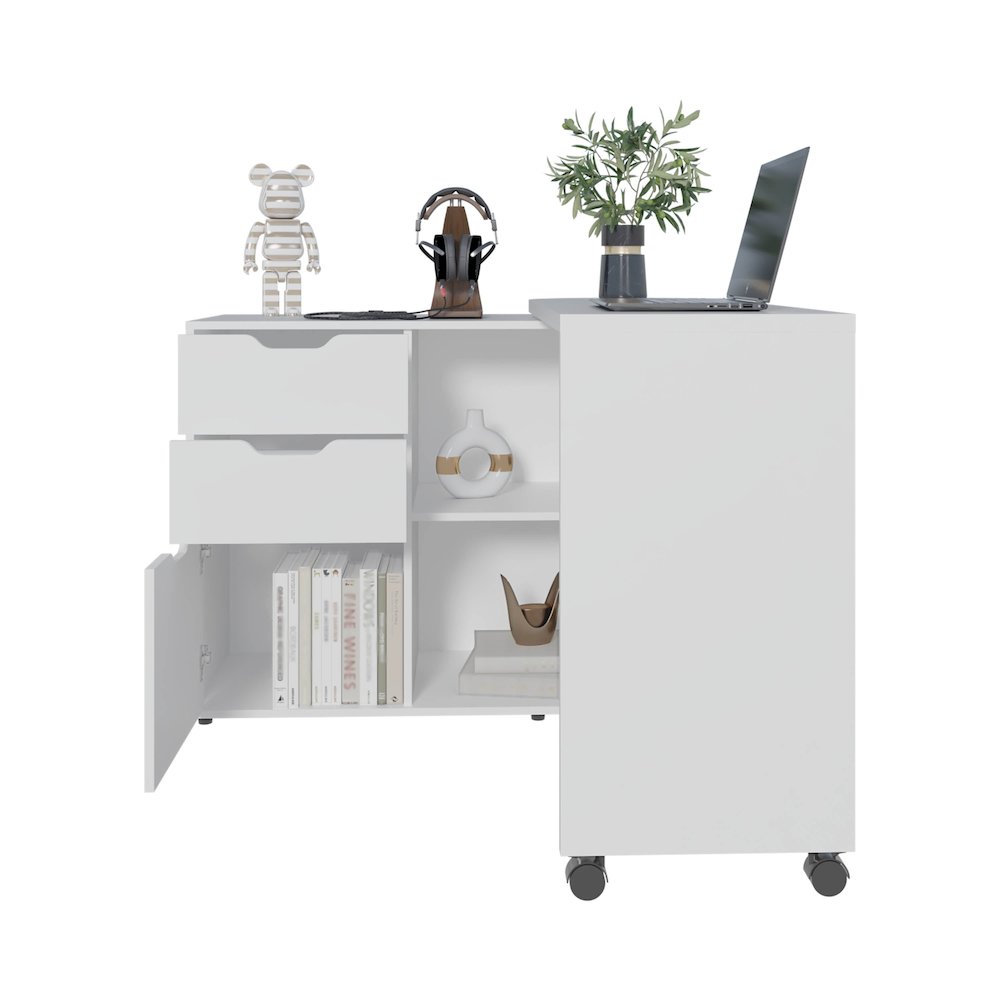 Lamont Rotable Desk 31.7" H, 1 Door, 2 Drawers, 2 Shelves, 2 Wheels, White. Picture 4