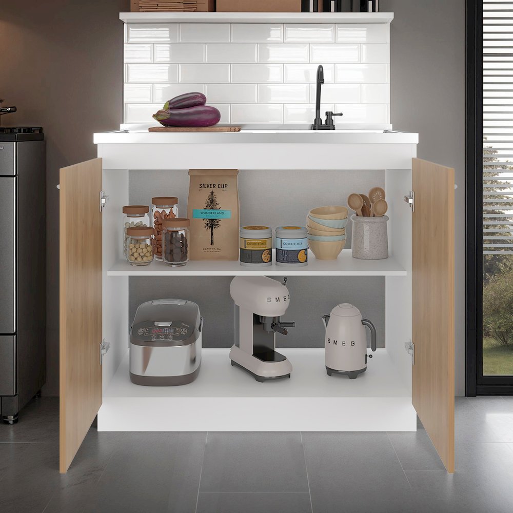 Salento Freestanding Sink, Double Door Cabinet, Two Shelves, White / Natural Oak. Picture 2