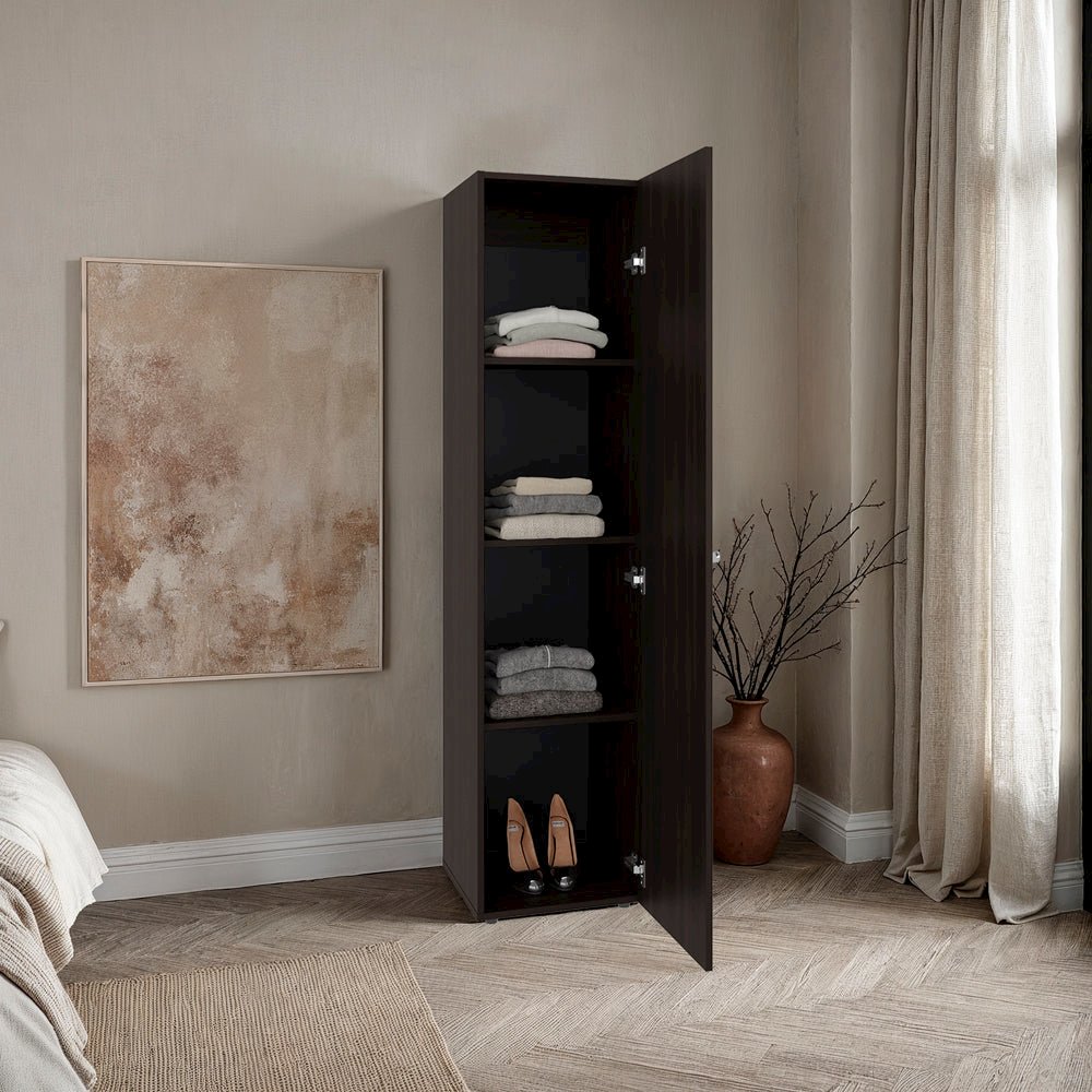 1 Door Wardrobe 67" H with Mirror and Vertical Storage Design, Dark Walnut. Picture 2