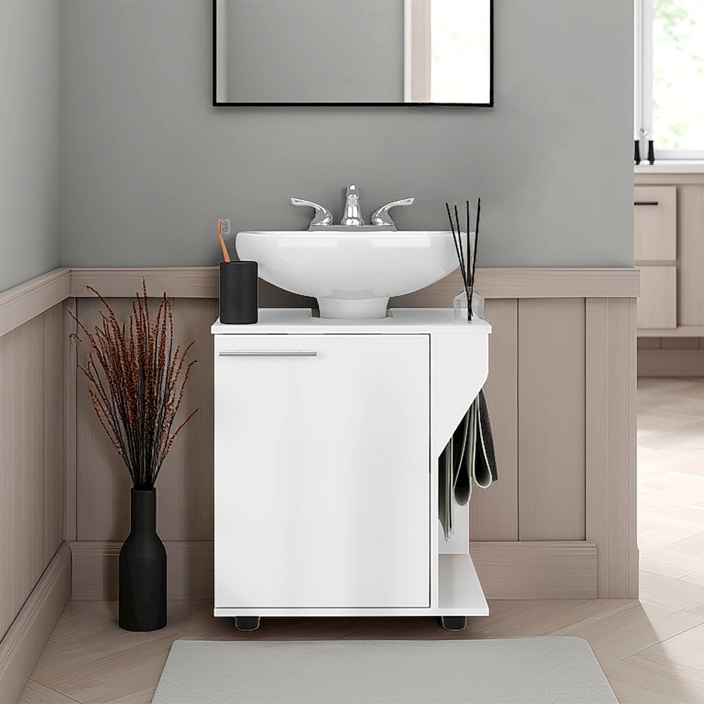 Enfield Under Sink Storage, 1 Door, 3 Shelves, 4 Legs, White. Picture 4