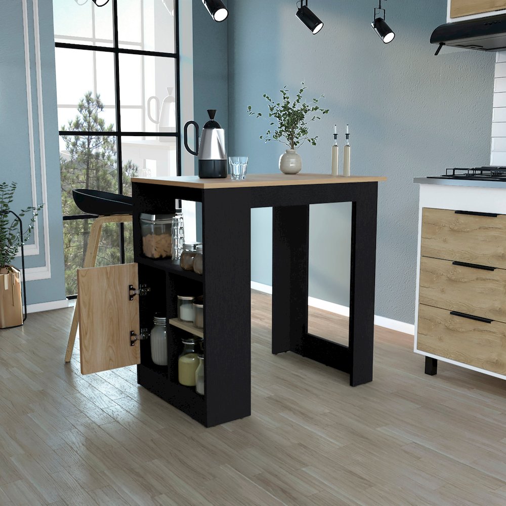 Kitchen Island 36" H, Three Shelves and One Cabinet,  Black / Natural Oak. Picture 5