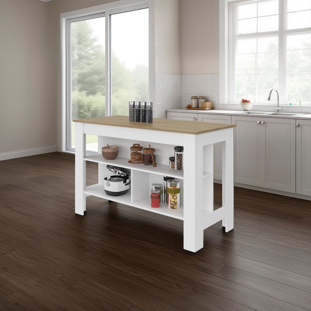 Ruso Kitchen Island, 3 Spacious open Shelves, Modern Design, White / Natural Oak. Picture 1