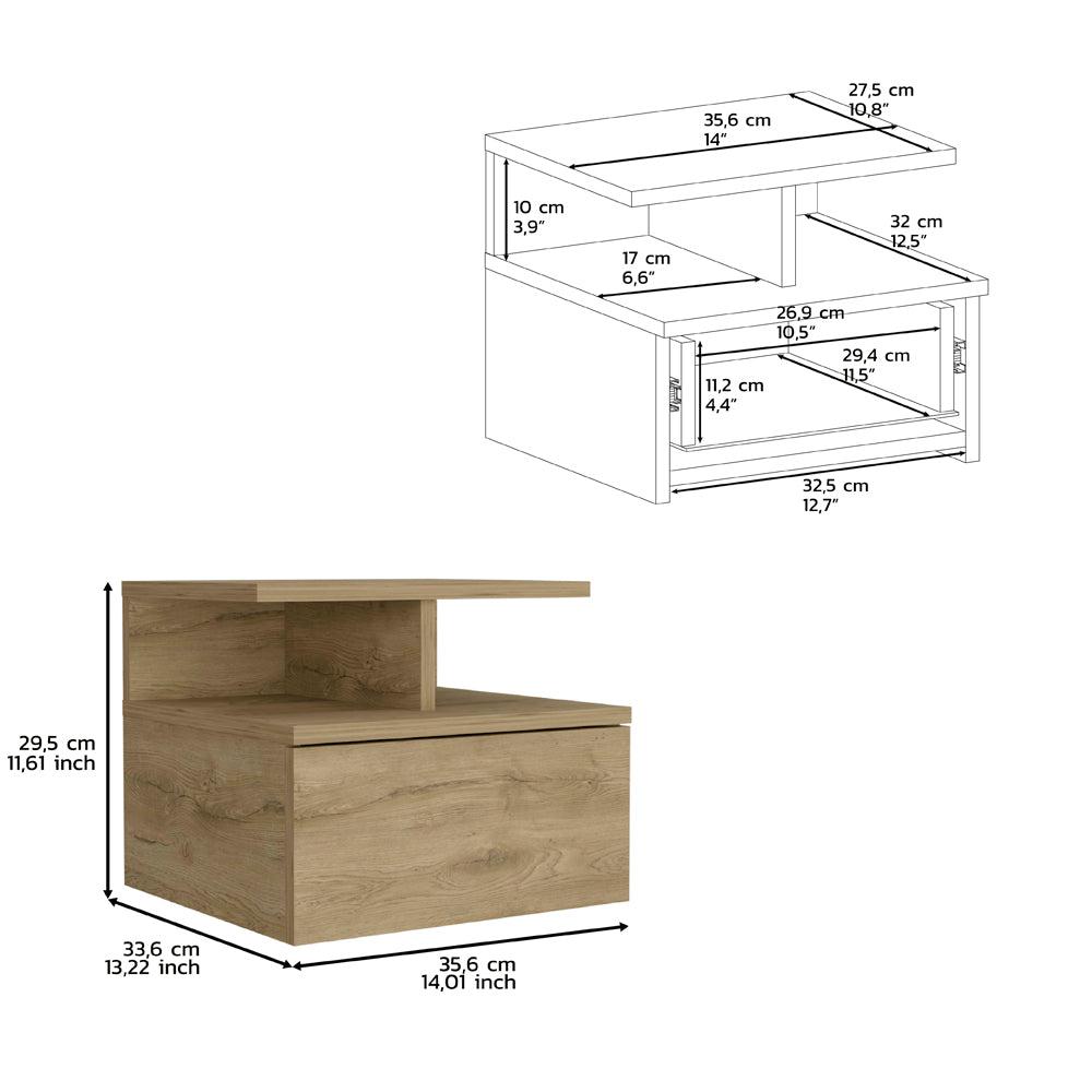 Nightstand, Wall Mounted with Single Drawer and 2-Tier Shelf, Macadamia. Picture 5