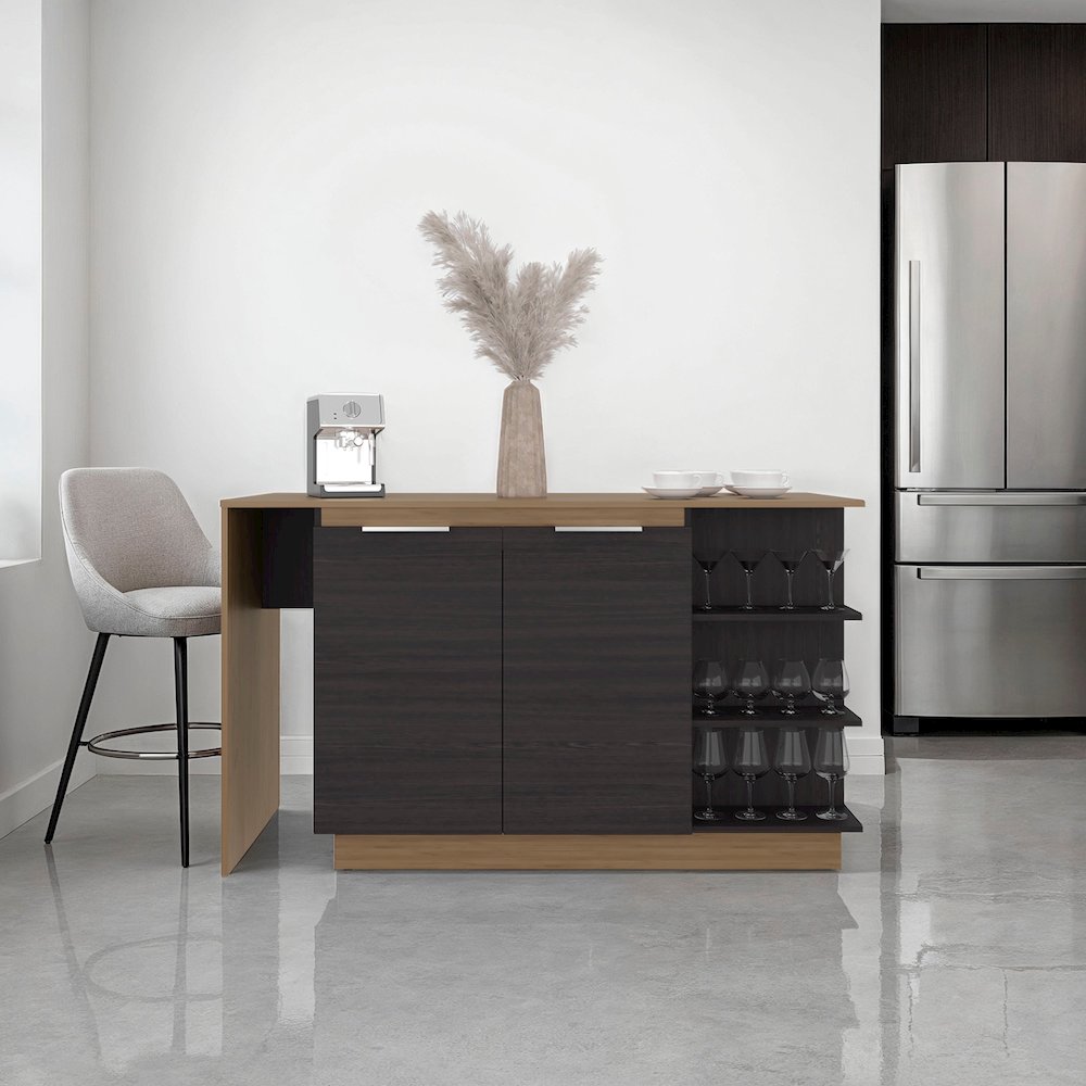 Dwight Kitchen Bar Counter with Shelves and Cabinets, Black Wengue / Natural Oak. Picture 1