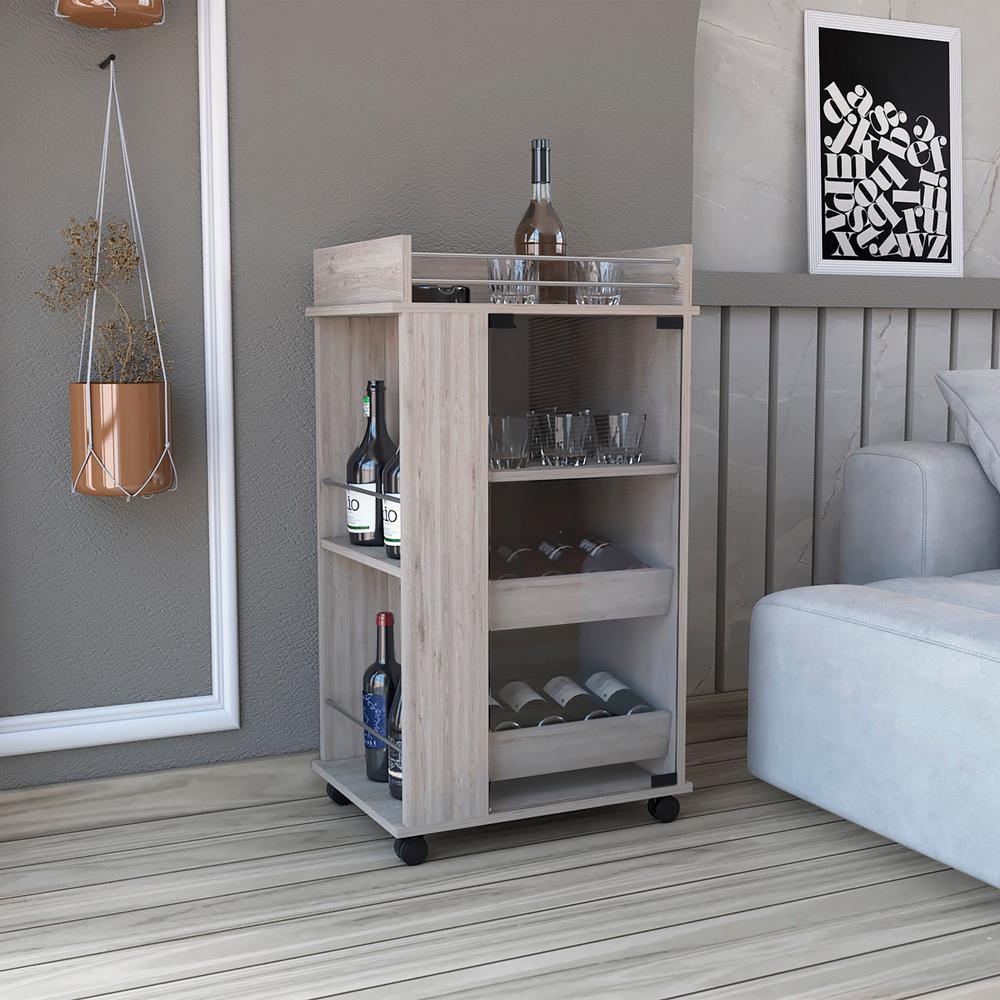 Lansing Bar Cart with Glass Door, 2-Side Shelves and Casters, Light Gray. Picture 4
