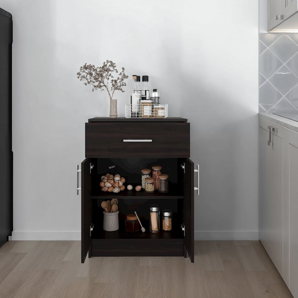 Pantry Cabinet 33" H with Top Drawer, Double Doors, Interior Shelves, Walnut. Picture 2