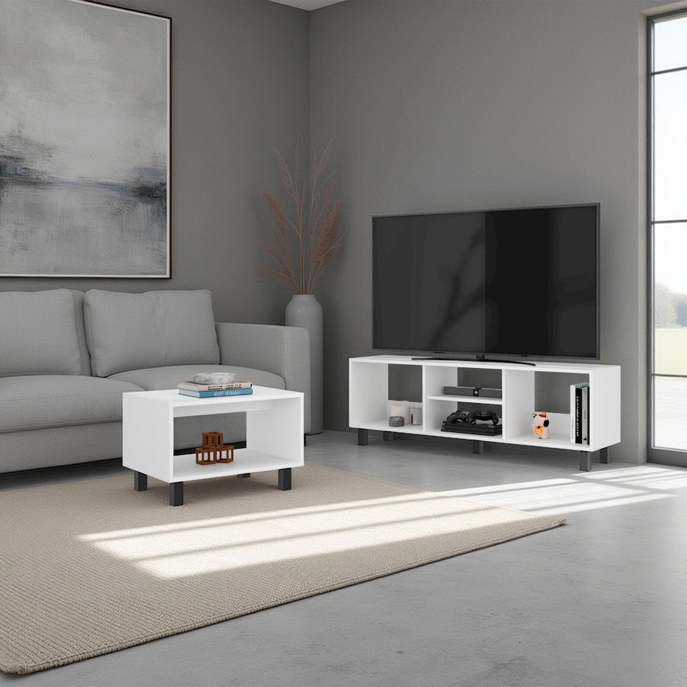 2 Piece Living Room Set, Streamlined with TV Stand and Coffee Table, White. Picture 1
