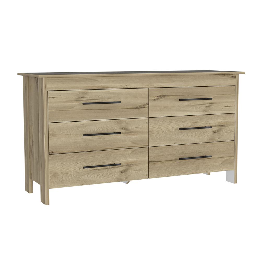 DEPOT E-SHOP Paris 6 Drawer Double Dresser -Six Drawers, Four Legs, Countertop-Light Oak/White. For Bedroom. Picture 1