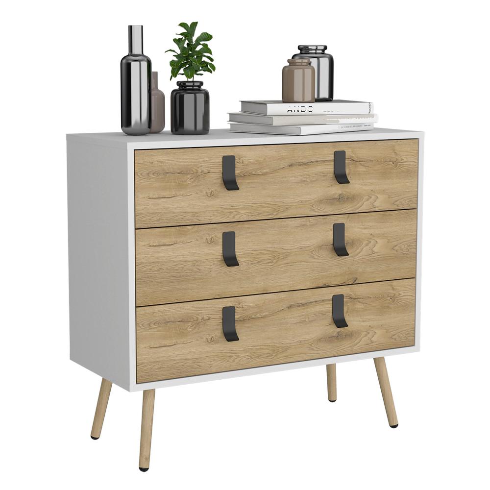 Toka 3 Drawers Dresser with Handles and Wooden Legs, White / Macadamia -Bedroom. Picture 3