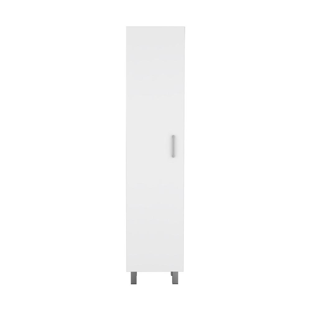 DEPOT E-SHOP Vernon Slim Storage Cabinet with 4-Tier Shelf and Broom Hangers, White. Picture 1