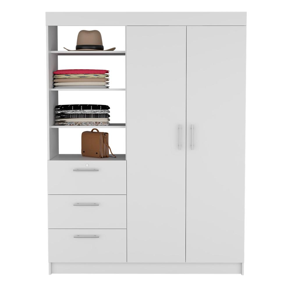DEPOT E-SHOP Laurel 3-Tier Shelf and Drawers Armoire with Metal Handles, White. Picture 2