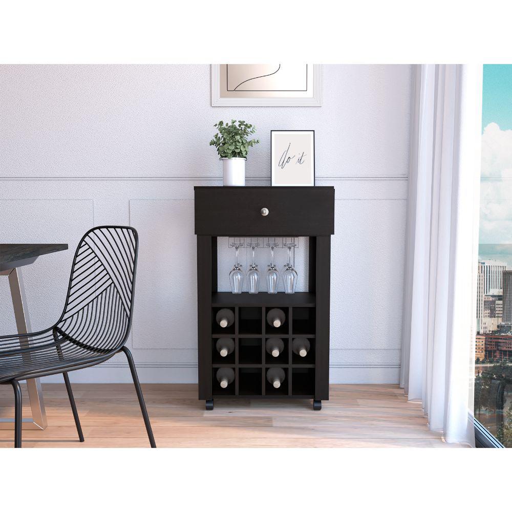 DEPOT E-SHOP Margh Bar Cart, Twelve Wine Cubbies, Four Legs, One Open Shelf, Countertop- Black, For Kitchen. Picture 1