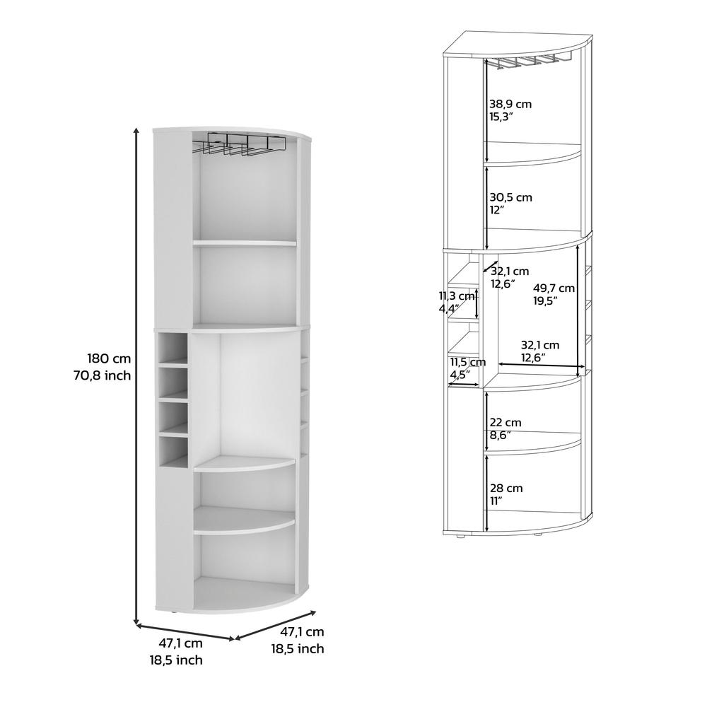 71" Corner Bar Cabinet with Five Shelves, Eight Bottle Cubbies and Stemware. Picture 5