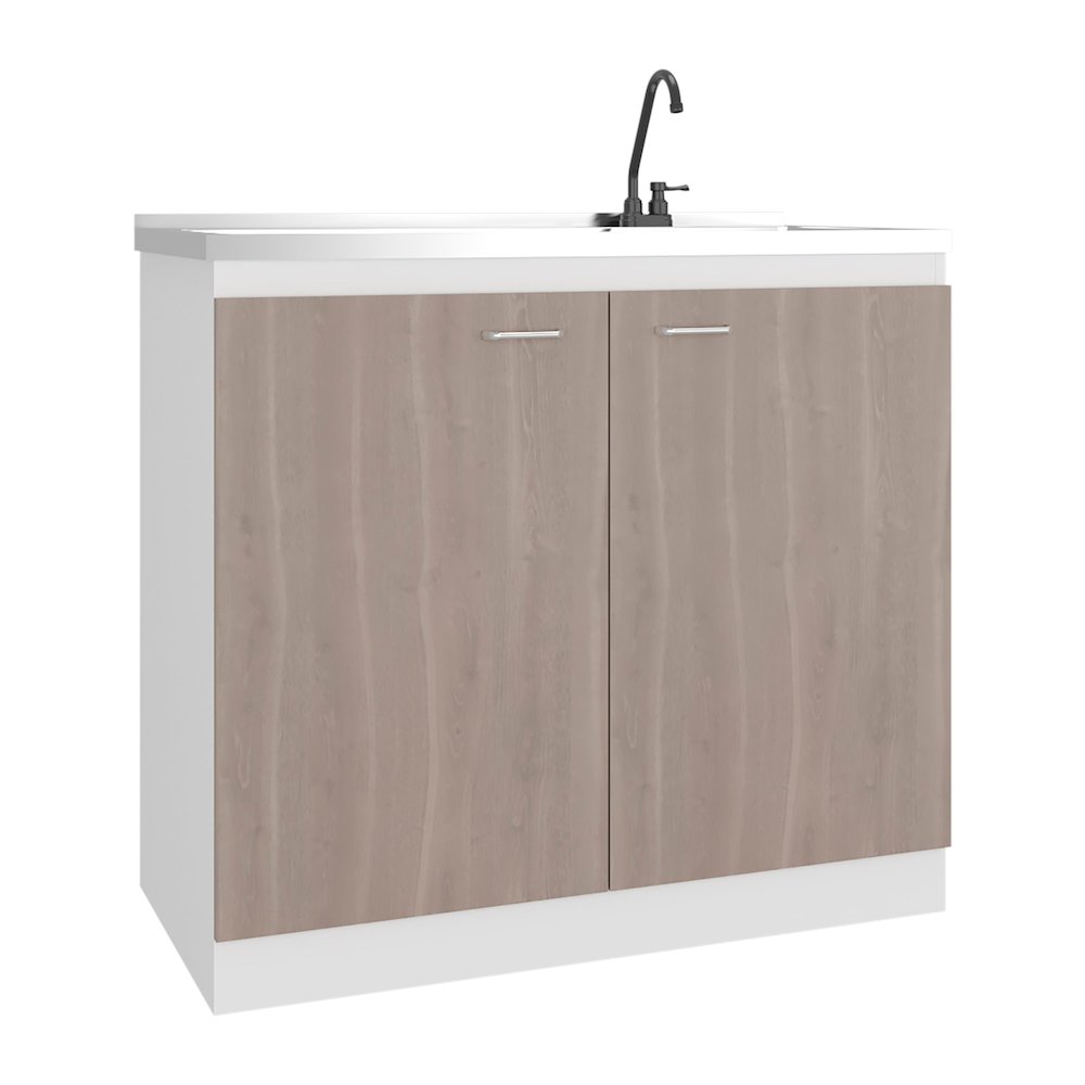 Salento Freestanding Sink, Double Door Cabinet, Two Shelves, White / Ligth Grey. Picture 8