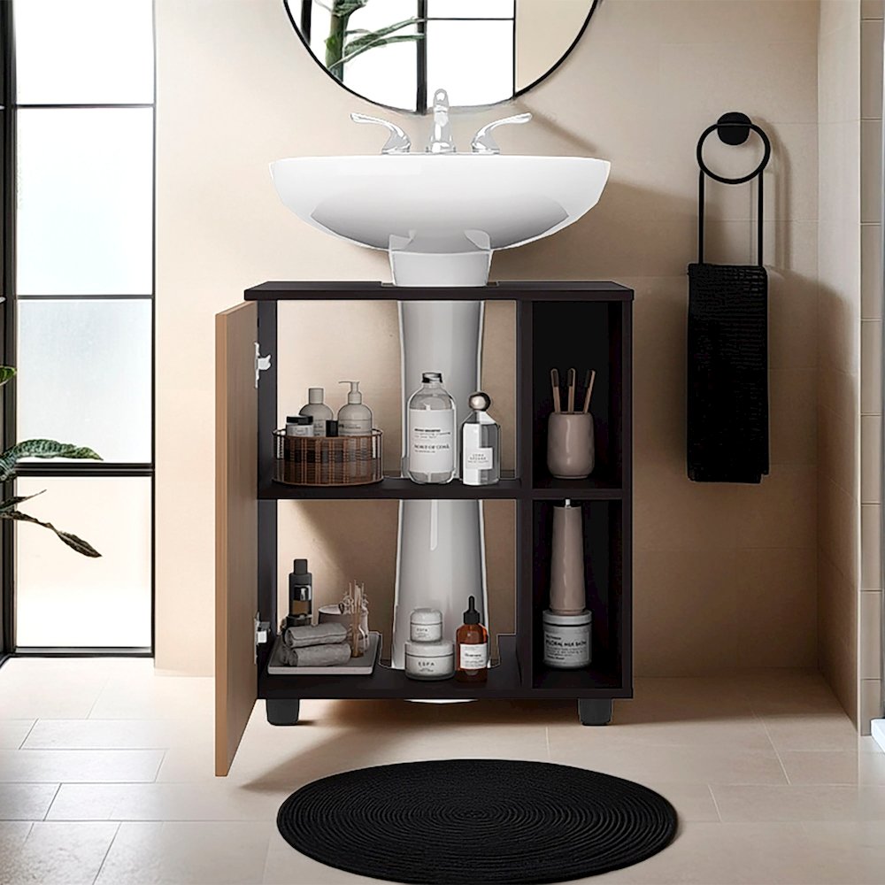 Gorman Under Sink Storage, 1 Door, 3 Shelves, 4 Legs, Natural Oak / Black Wengue. Picture 4