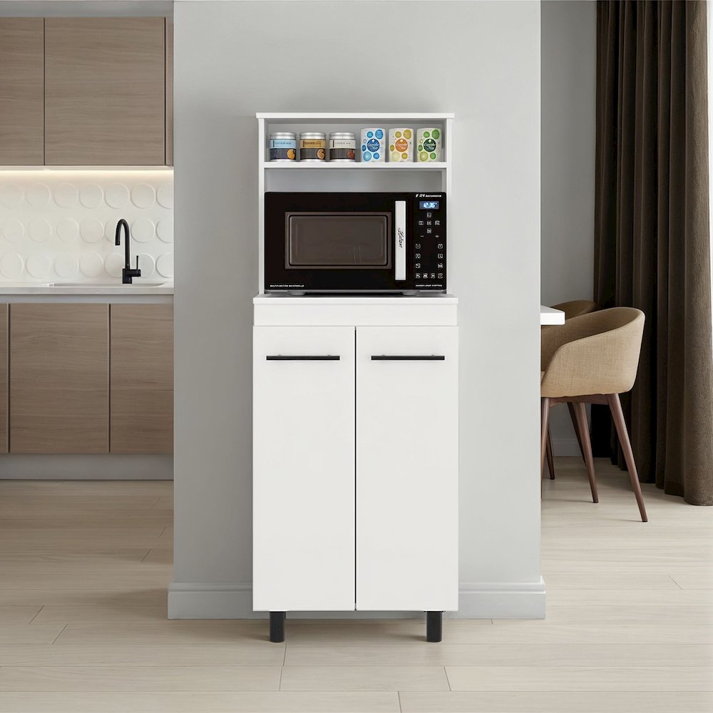 Enderlin Microwave Stand with 3 Shelves, 2 Doors, 4 legs and Cabinet, White. Picture 1