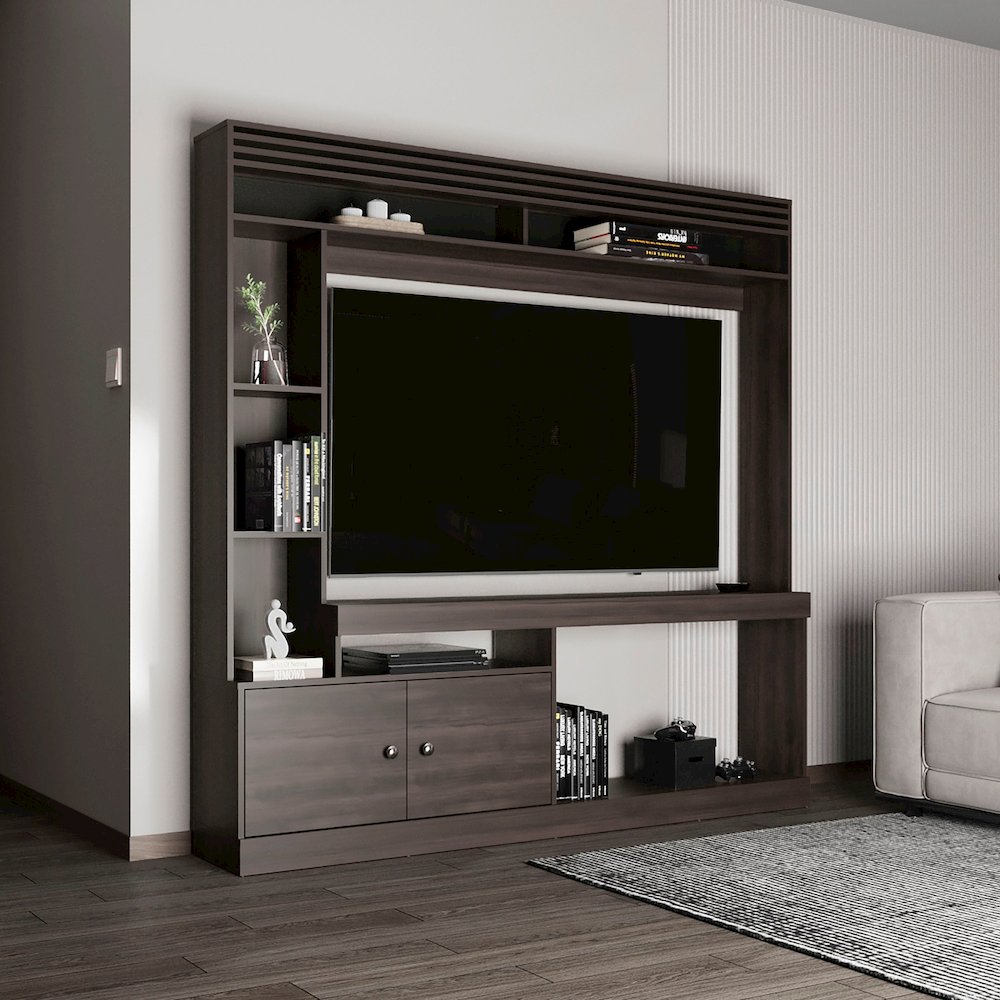 Oberlin Entertainment Center, 2 Doors, 6 Shelves, 65" TV Capacity, Walnut. Picture 4
