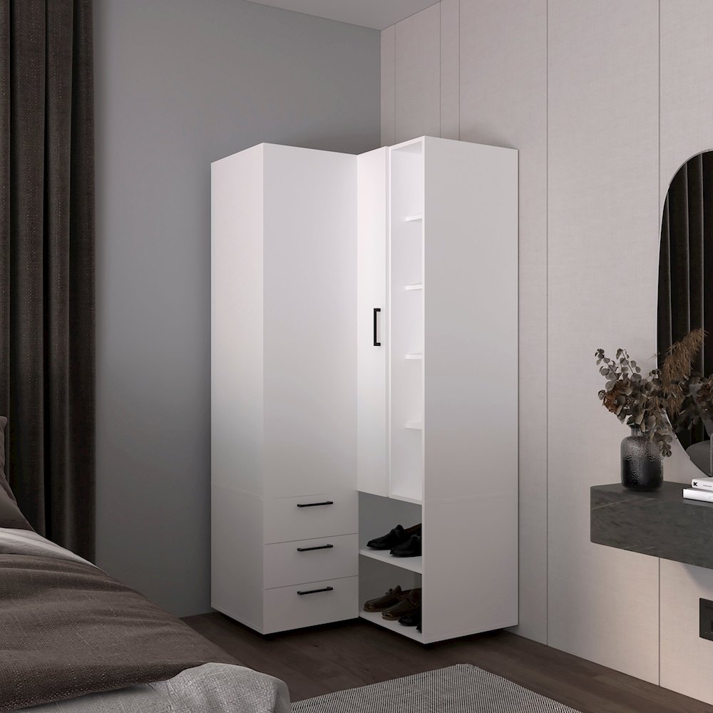 Granger Armoire, 1 Door, 3 Drawers, 7 Shelves, 10 Legs, White. Picture 3
