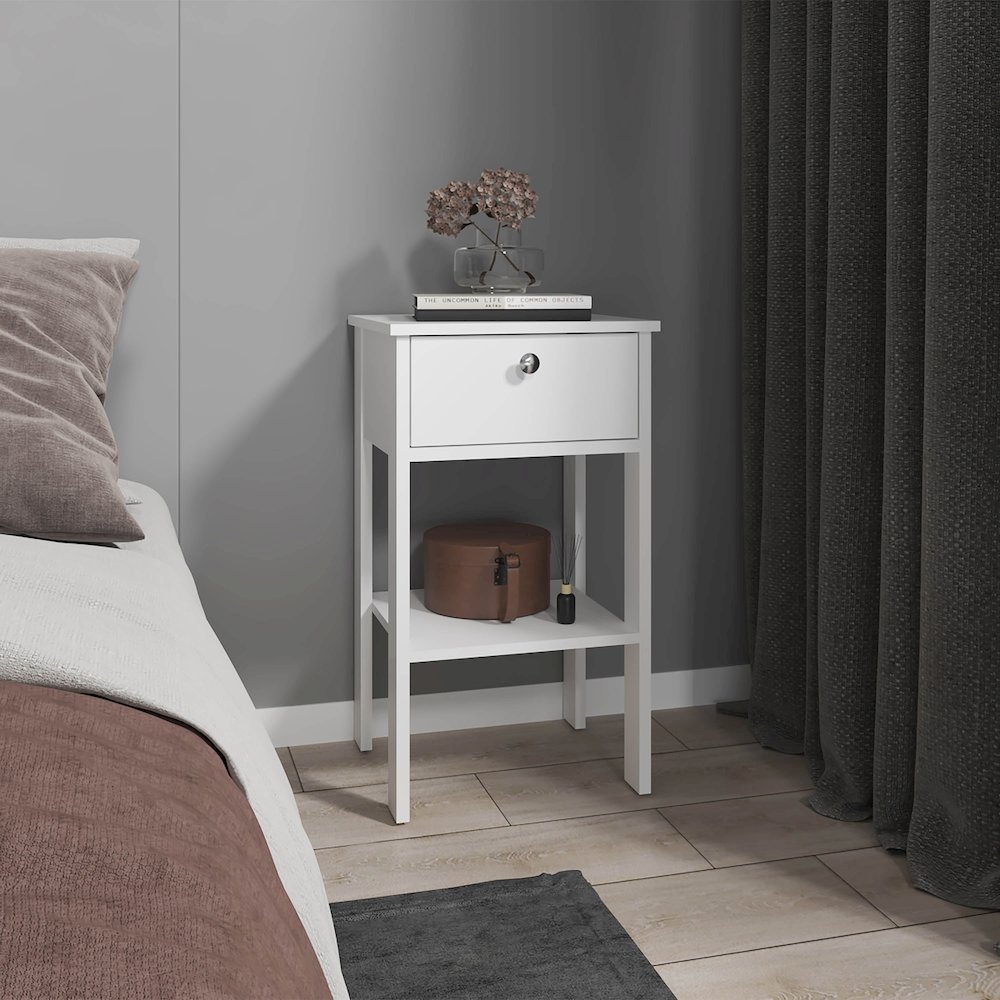 McRae Nightstand, 1 Drawer, 1 Shelf, 4 Legs, White. Picture 4