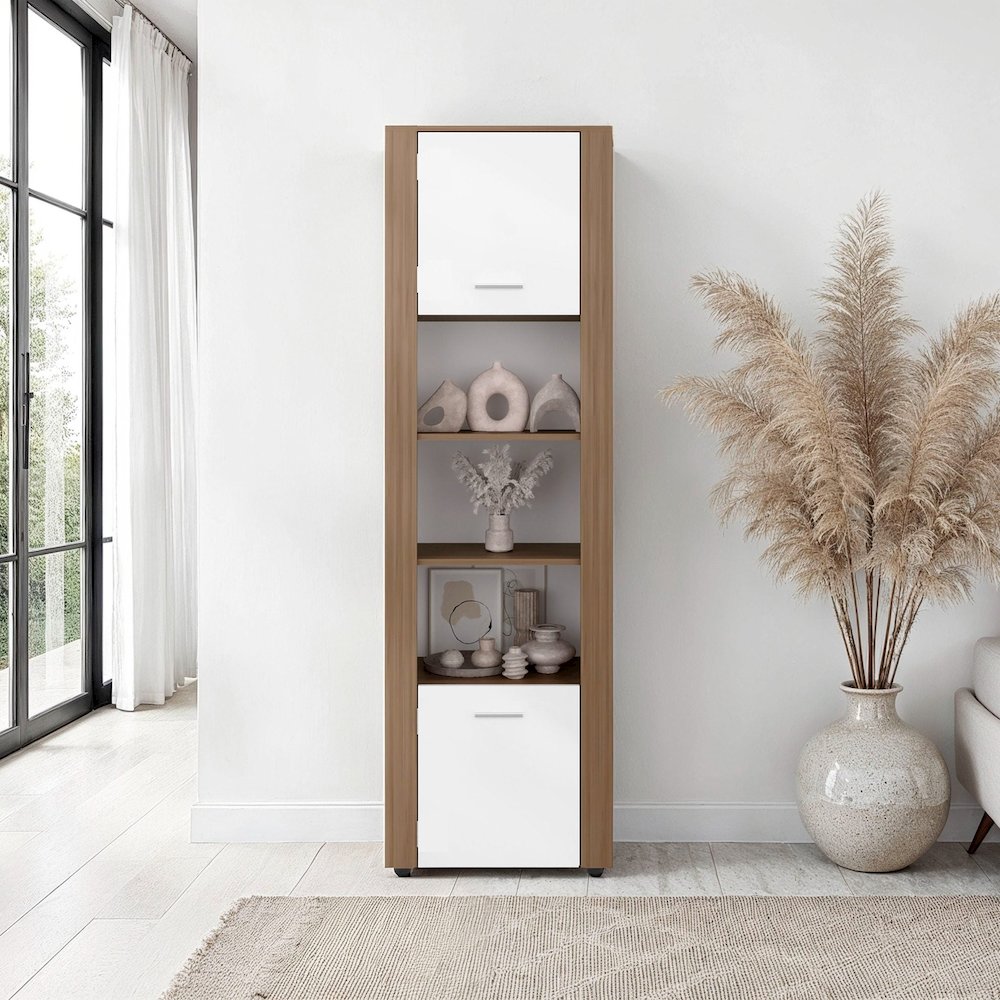Bookcase with Upper and Lower Doors, Open Display Shelves, Natural Oak / White. Picture 1