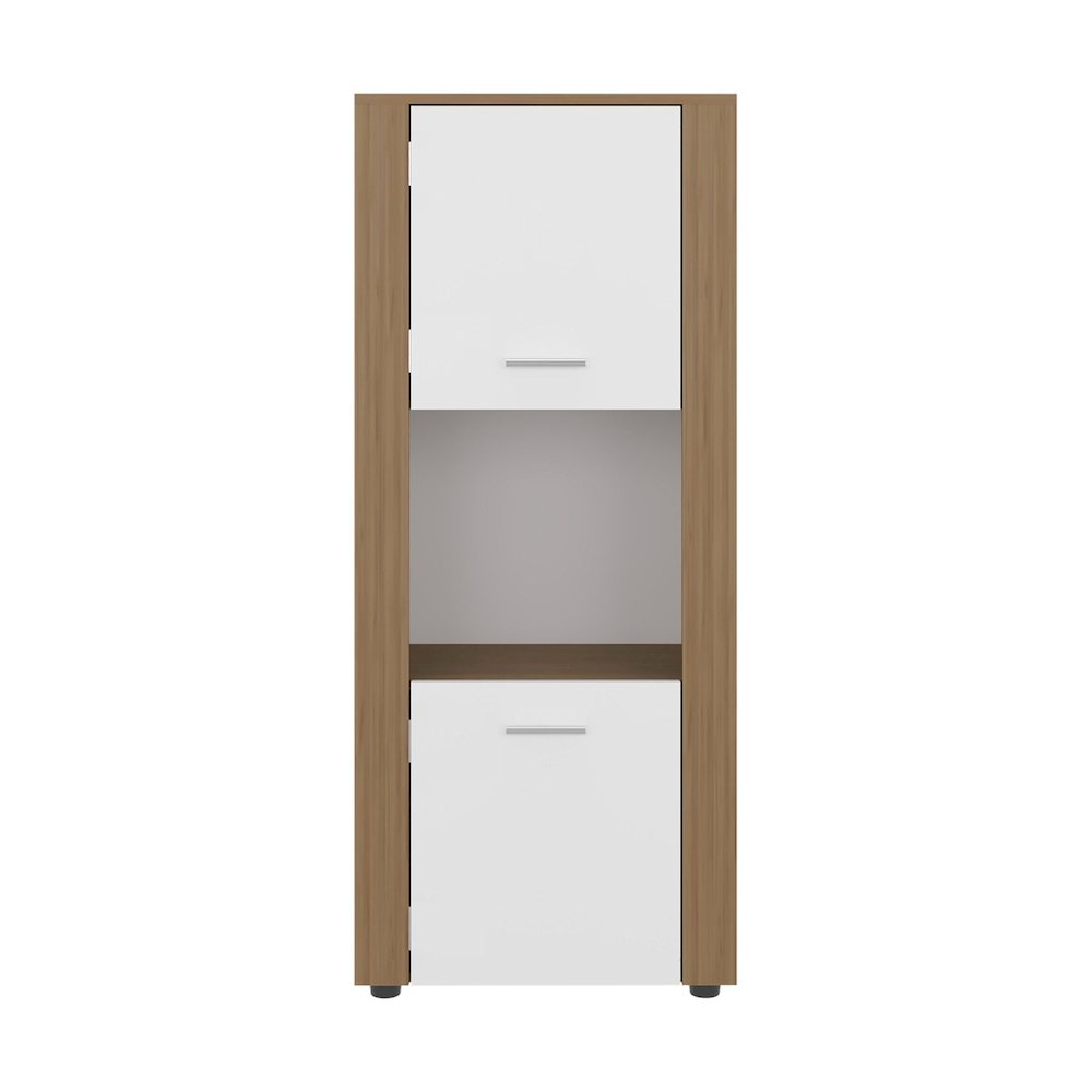 Bookcase with Upper and Lower Doors, Open Center Shelf, Natural Oak/White. Picture 3