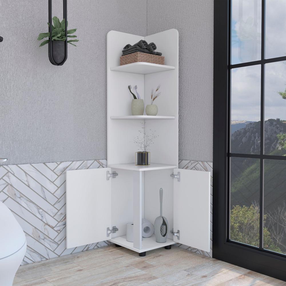 DEPOT E-SHOP Vestal Tall Corner Cabinet with 3-Tier Shelf and 2-Door, White. Picture 4