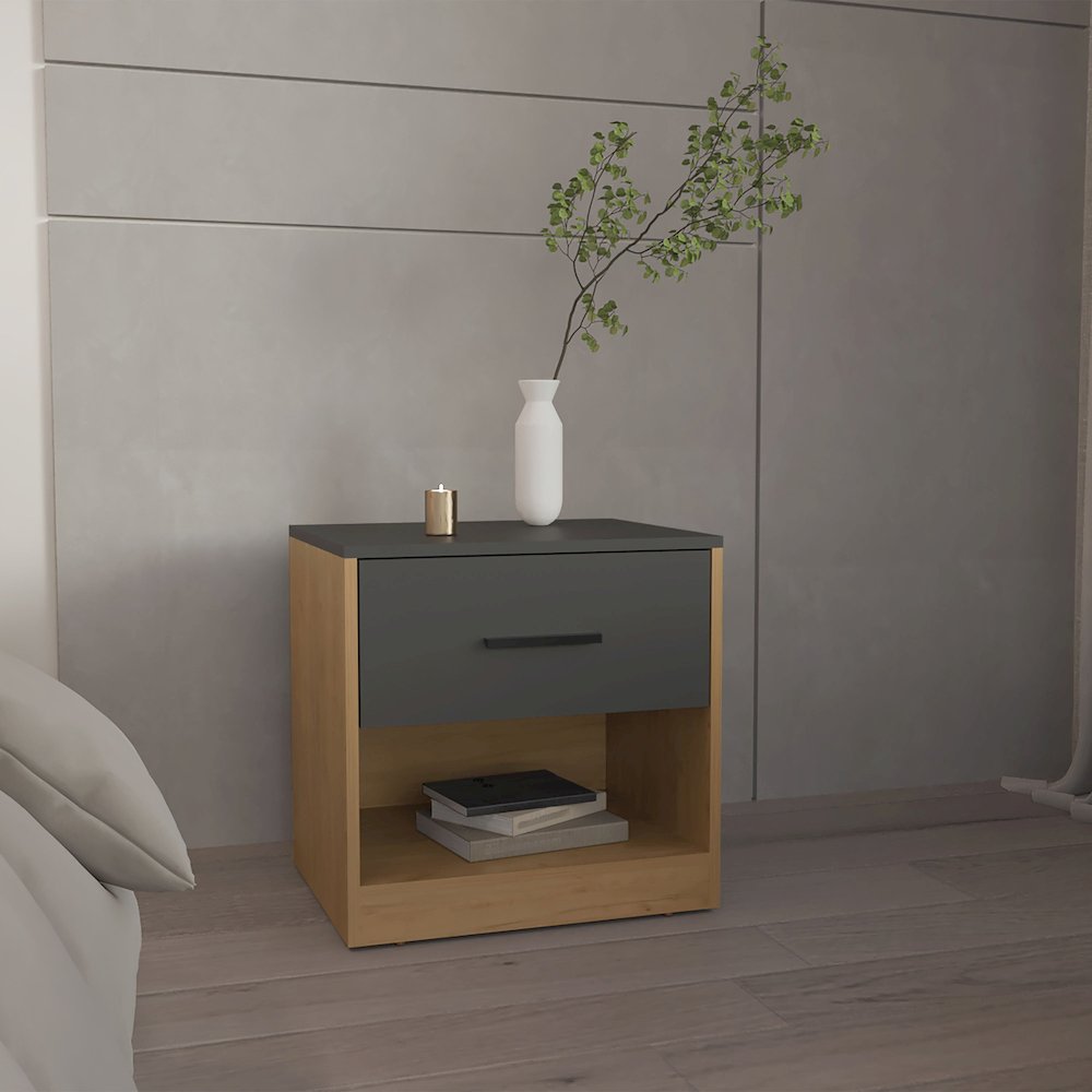 Palmyra Nightstand, 1 Drawer, 1 Shelf, Natural Oak / Matt Gray. Picture 4