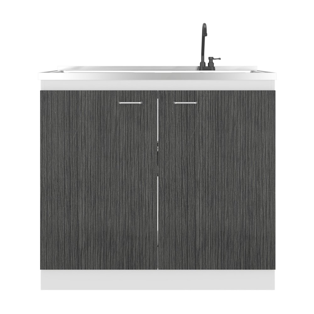 Salento Freestanding Sink, Double Door Cabinet, White / Smokey Oak. Picture 3