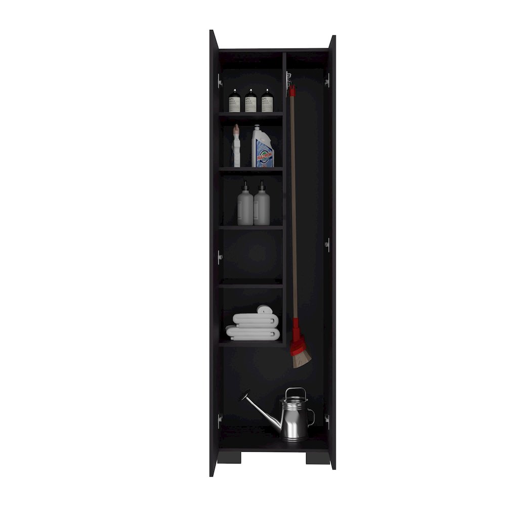 Broom Cabinet Double-Door Design with Inner Shelves, Side Hangers, Black Wengue. Picture 4