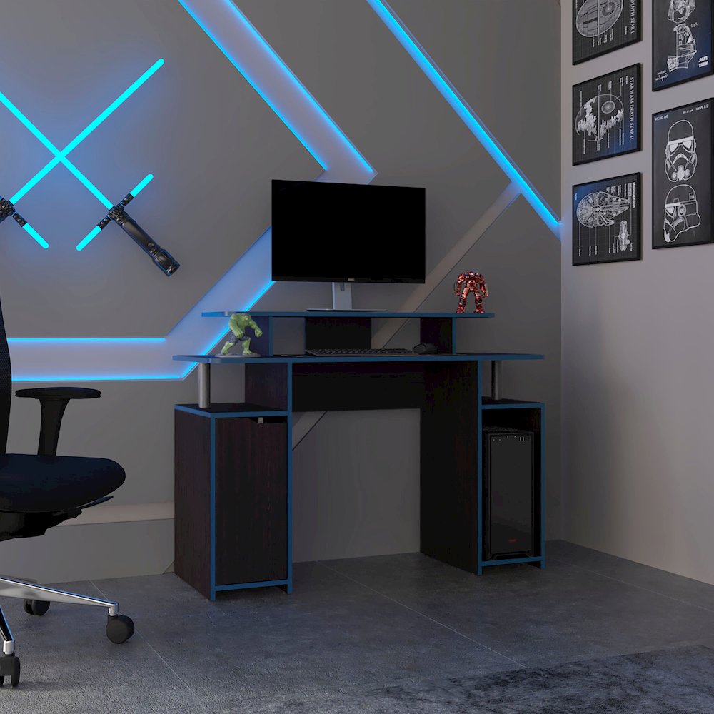 Hobart Gaming Desk, 1 Door, 6 Shelves, Black Wengue / Blue Edge. Picture 7