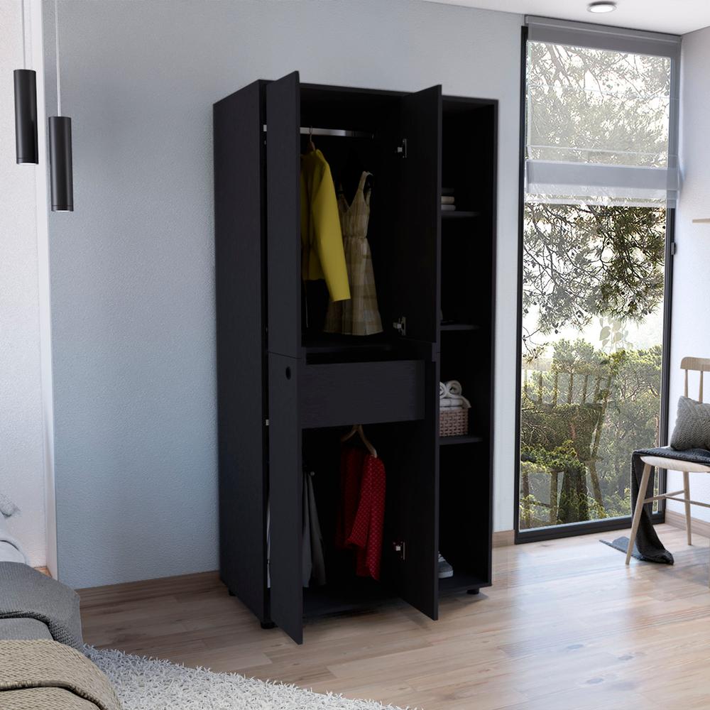 Armoire with 2-door Storage with Metal Rods, Drawer, 3 Open Shelves, Black. Picture 6