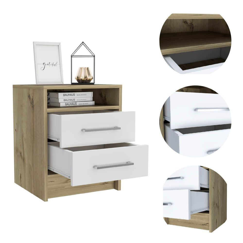 DEPOT E-SHOP Leyva Nightstand, Two Drawers, Countertop White/Light Oak, For Bedroom. Picture 4
