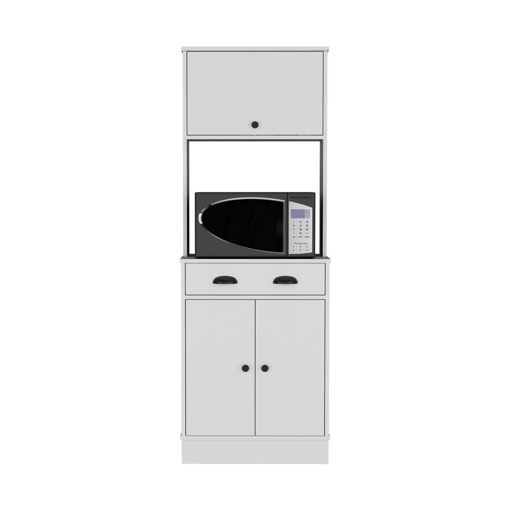 Apex 66.3" H Kitchen Pantry with Drawer, 2 Cabinets, and Microwave Stand, White. Picture 4