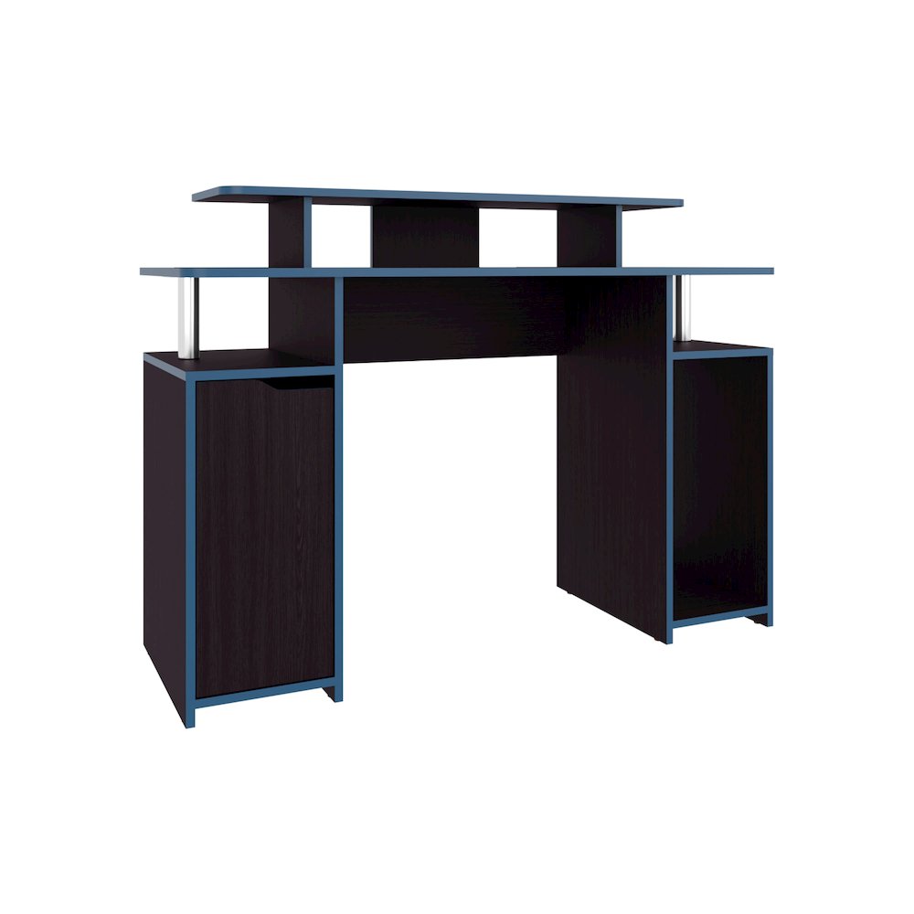 Hobart Gaming Desk, 1 Door, 6 Shelves, Black Wengue / Blue Edge. Picture 4