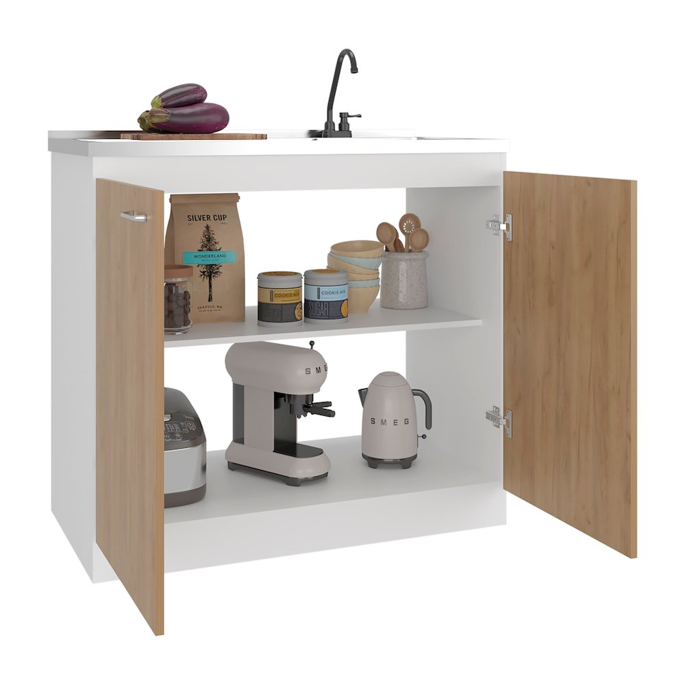 Salento Freestanding Sink, Double Door Cabinet, Two Shelves, White / Natural Oak. Picture 7