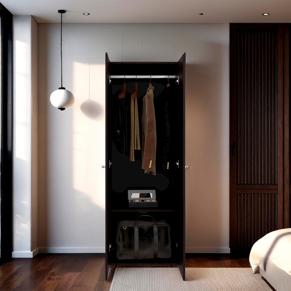 Lisle Armoire, 2 Doors, 2 Shelves, Walnut / Black Wengue. Picture 5