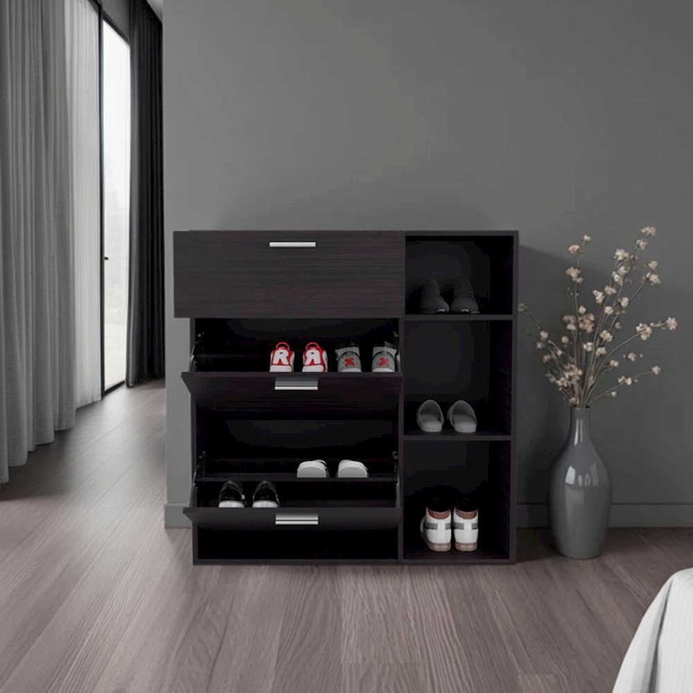 Linn Shoe Rack, 2 Doors, 1 Drawer, 3 Shelves, Black Wengue. Picture 5