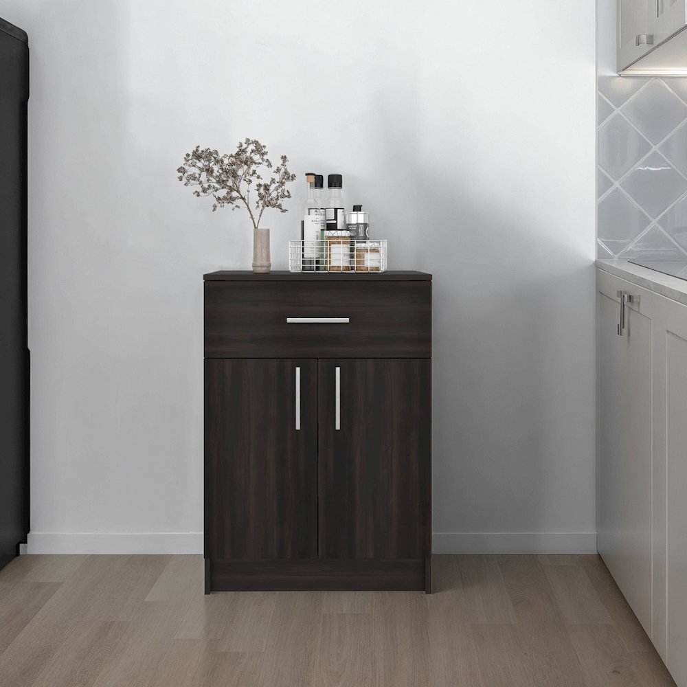 Pantry Cabinet 33" H with Top Drawer, Double Doors, Interior Shelves, Walnut. Picture 1