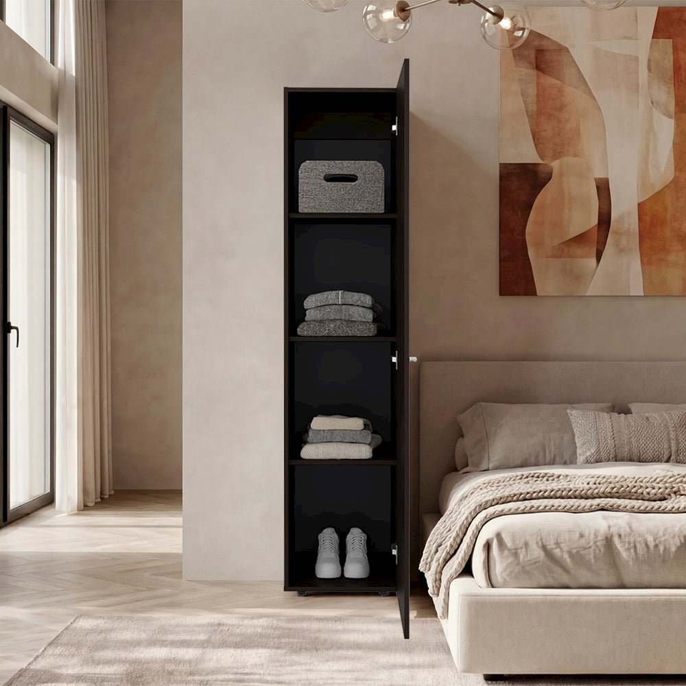 Kotlik 1 Door Wardrobe 67" H with Vertical Storage and Four Shelves, Dark Walnut. Picture 2