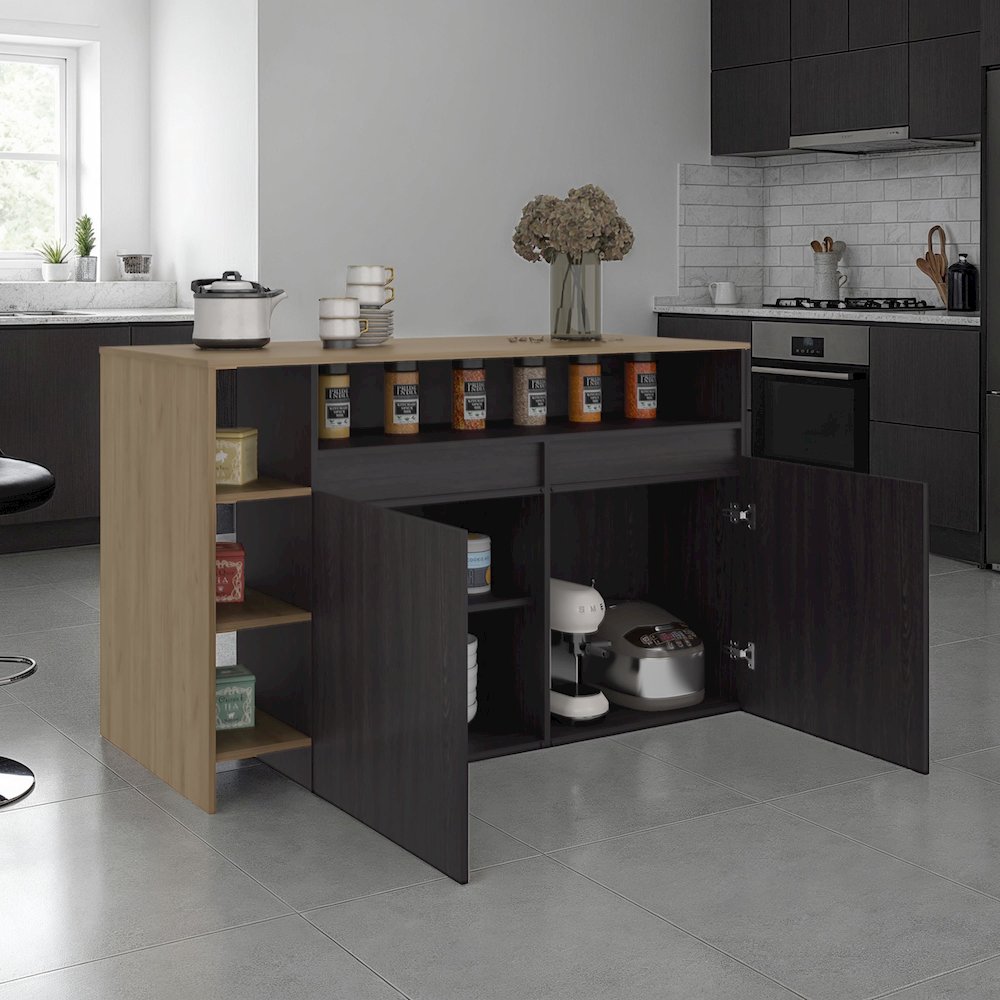 Kitchen Bar Counter with Ample Storage and Shelves, Black Wengue/Natural Oak. Picture 2