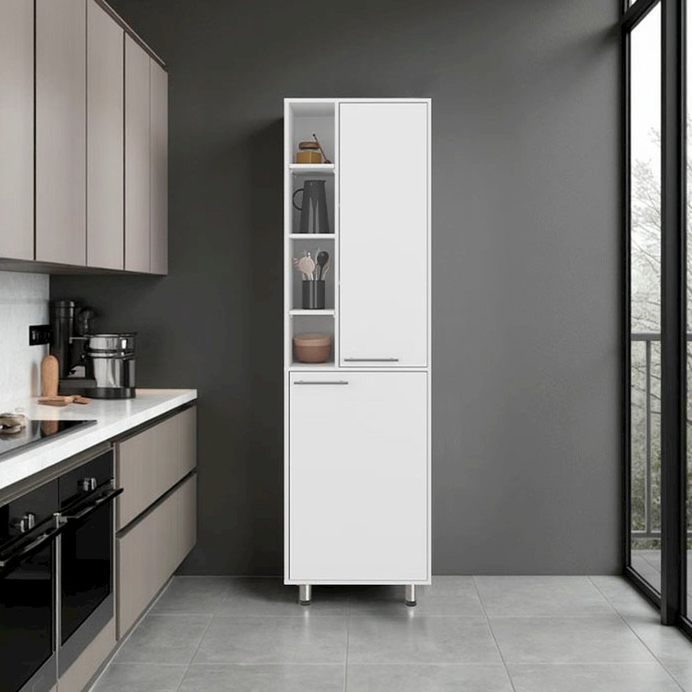 Enetai Kitchen Pantry, 2 Doors, 9 Shelves, 4 Legs, White. Picture 4