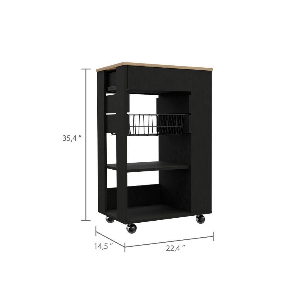 DEPOT E-SHOP Rosemont Kitchen Cart, Two Open Shelves, Rack, Four Caster Wheels, One Drawer-Black-Light Oak, For Kitchen. Picture 4