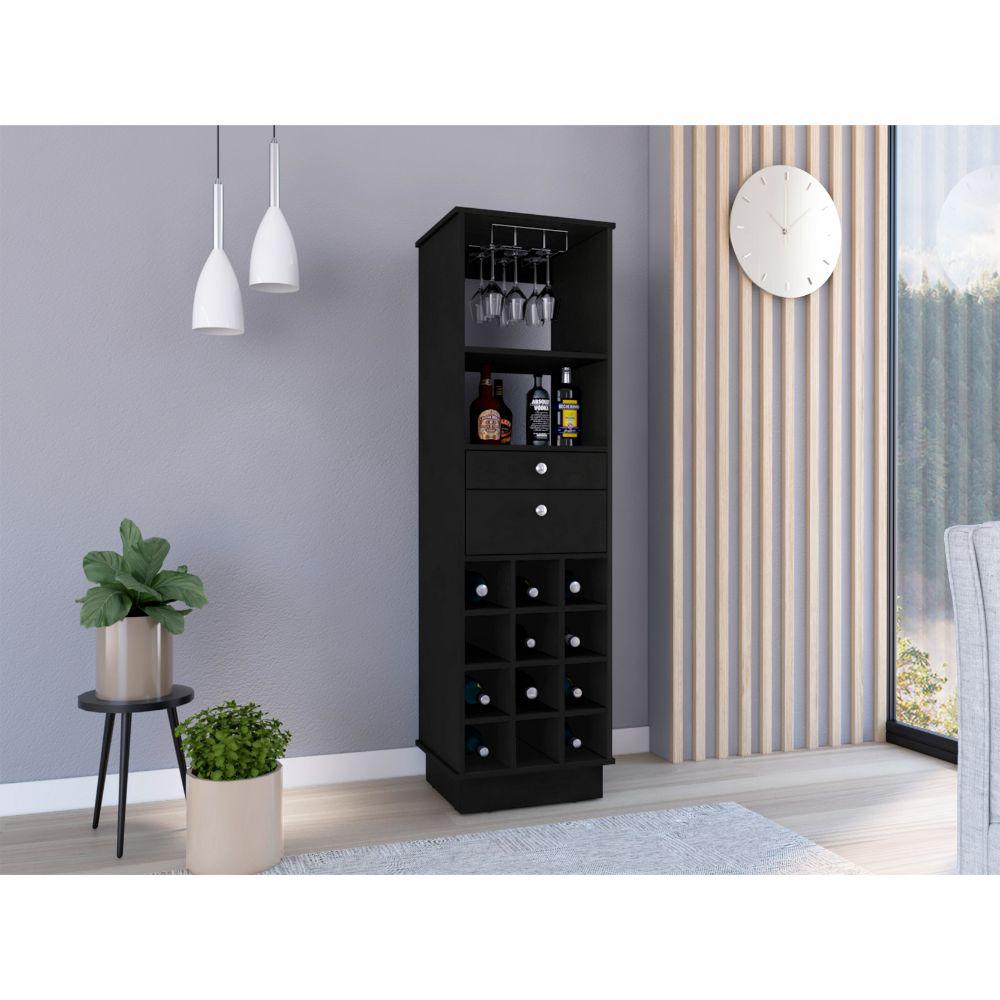 DEPOT E-SHOP Zircon Bar Cabinet, Twelve Wine Cubbies, Two Drawers, One Shelf-Black, For Livingroom. Picture 1