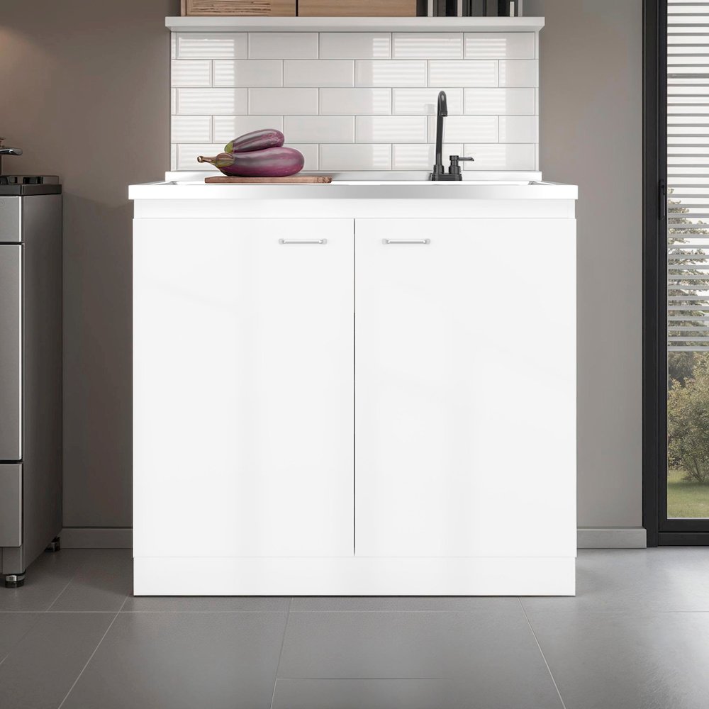Salento Freestanding Sink, Double Door Cabinet, Two Shelves, White. Picture 2