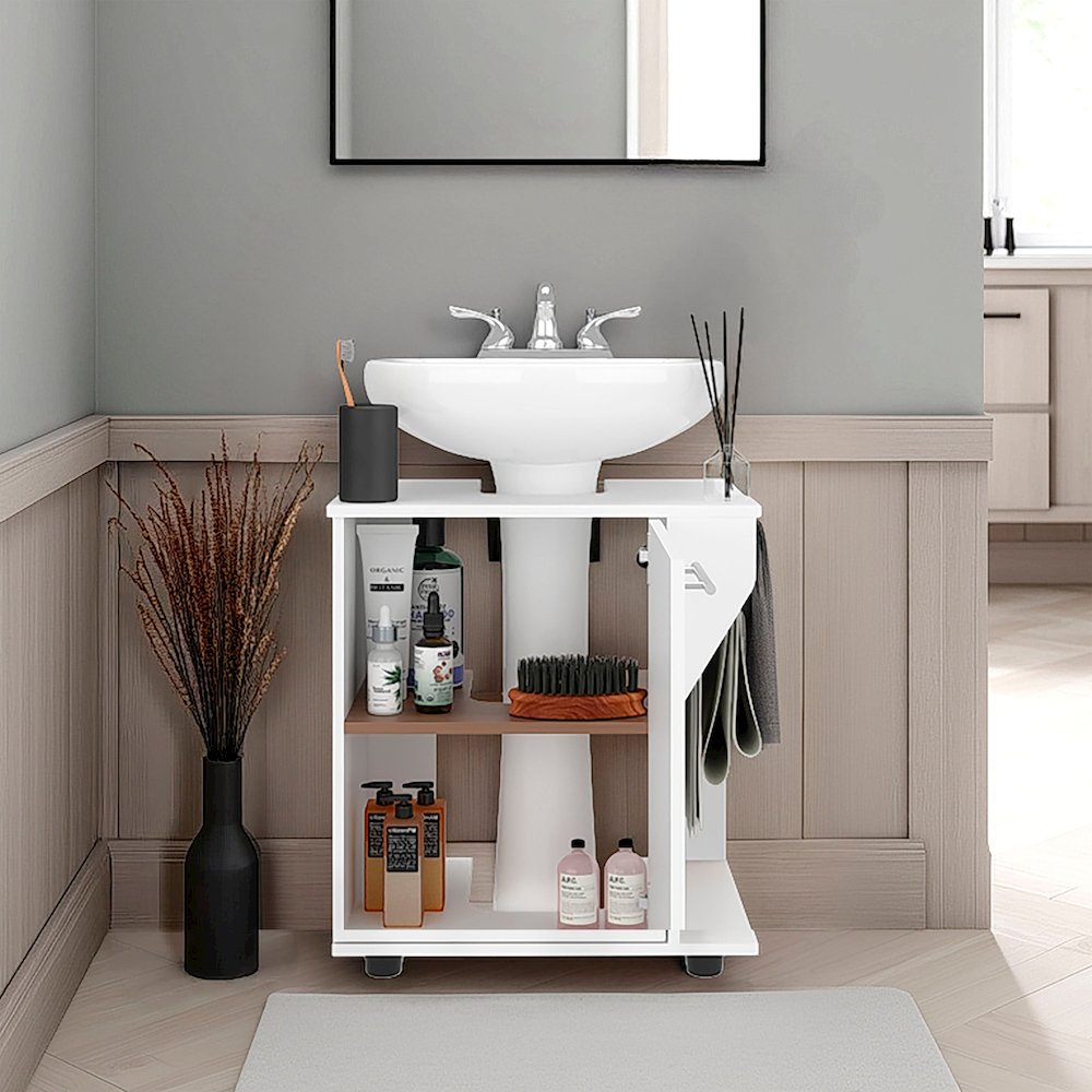 Enfield Under Sink Storage, 1 Door, 3 Shelves, 4 Legs, White. Picture 5