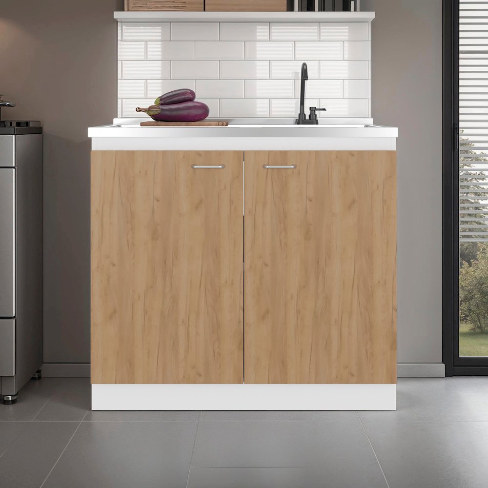 Salento Freestanding Sink, Double Door Cabinet, Two Shelves, White / Natural Oak. Picture 1