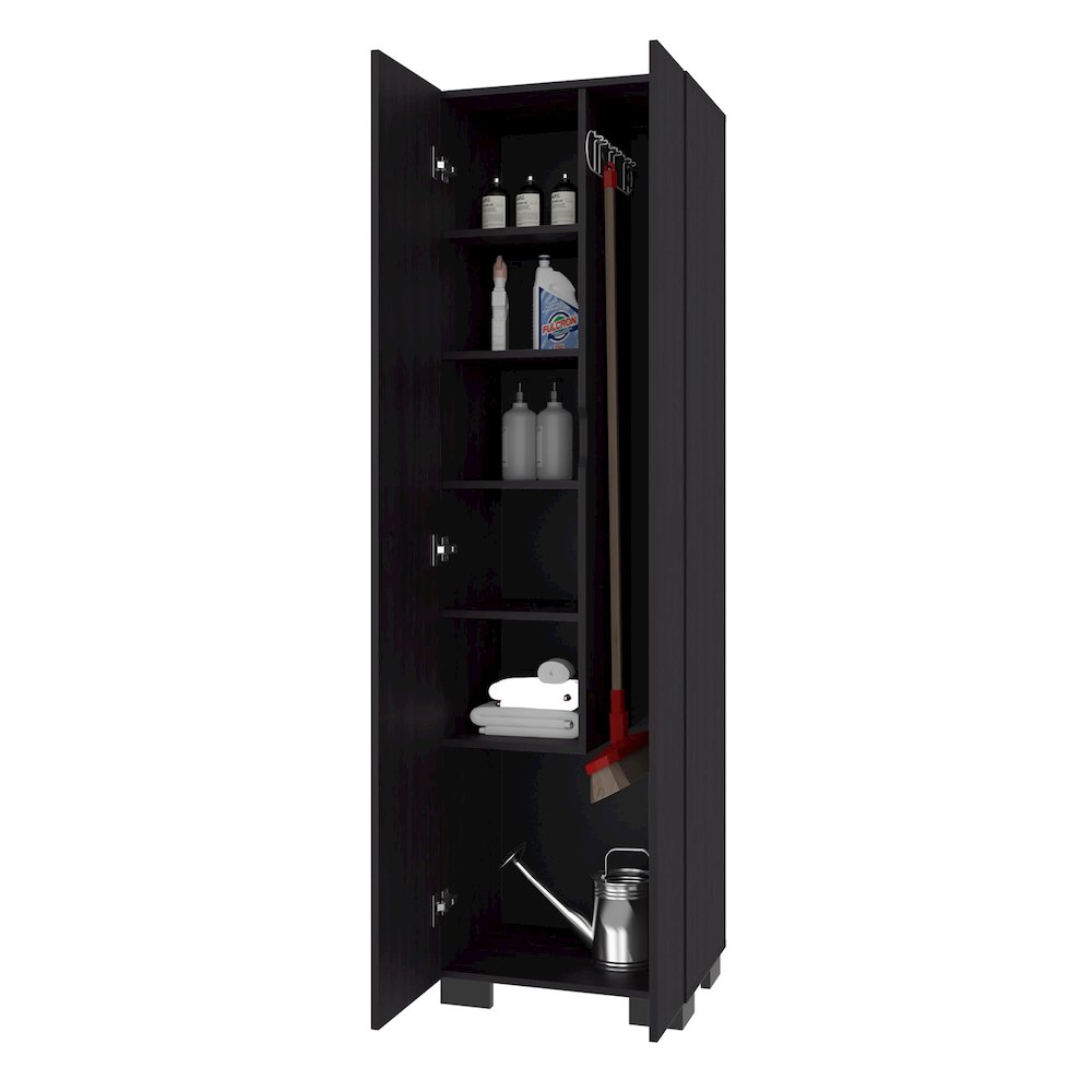 Broom Cabinet Double-Door Design with Inner Shelves, Side Hangers, Black Wengue. Picture 7